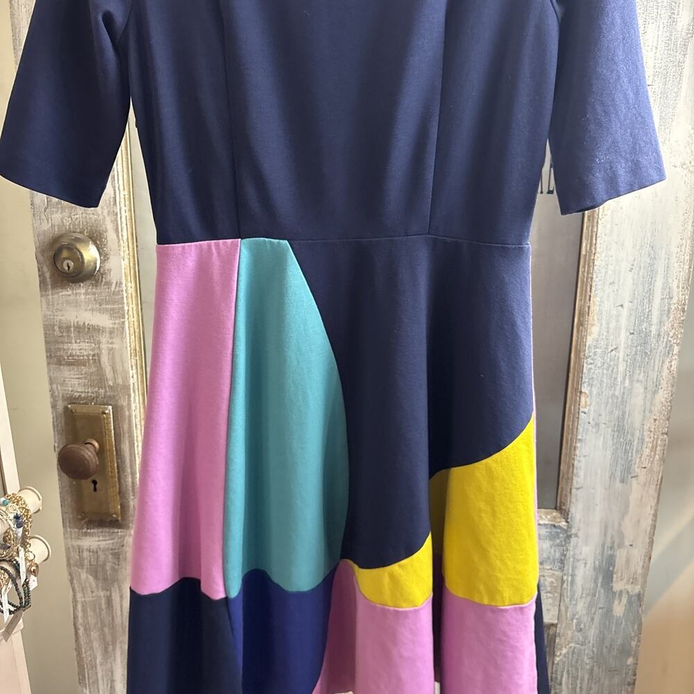 Boden Alice Ponte color block Midi Dress Fit And Flare Sz 8R Blue Pink Yellow - Picture 11 of 15